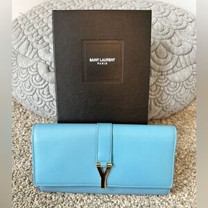 EUC🩵Saint Laurent Paris Blue Glacier Leather Y Line Flap Wallet